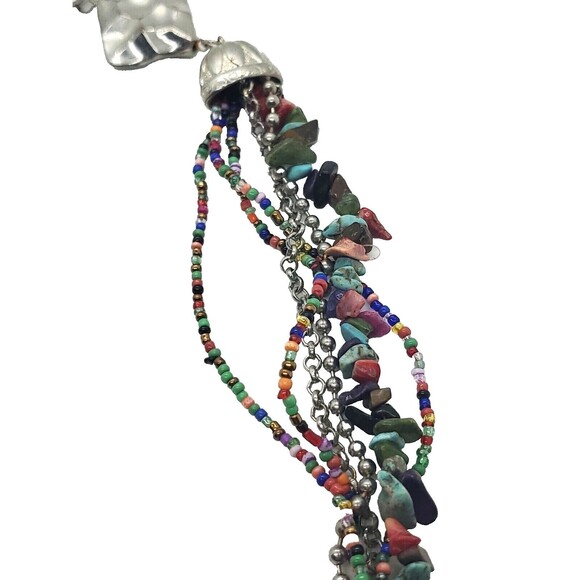 Women's Multi-Strand Necklace Beads & Stones Sliver Tone Adjustable Chain - Picture 3 of 12